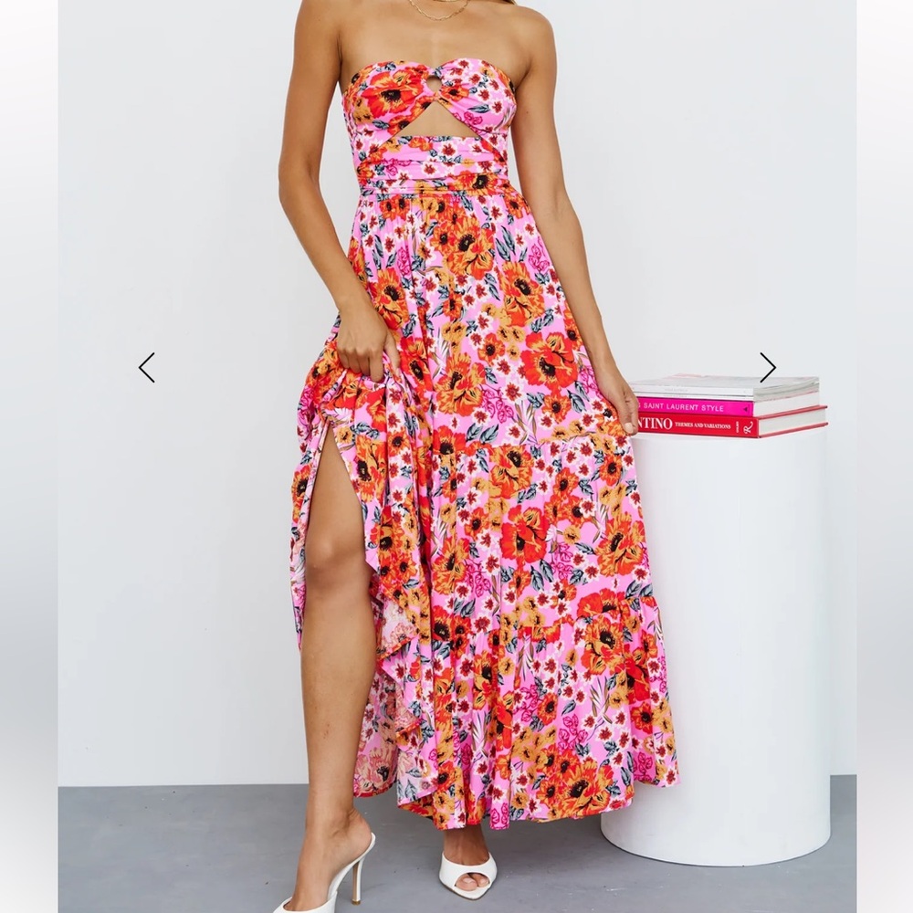 Strapless Pink Floral Maxi Dress with Cutout